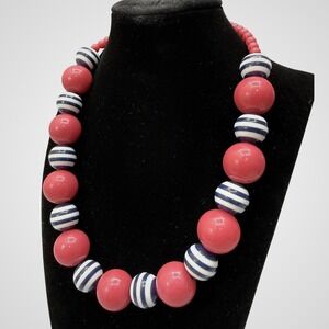 Vintage 80s Chunky Plastic Beaded Choker Necklace Pink Blue White Stripe Fun